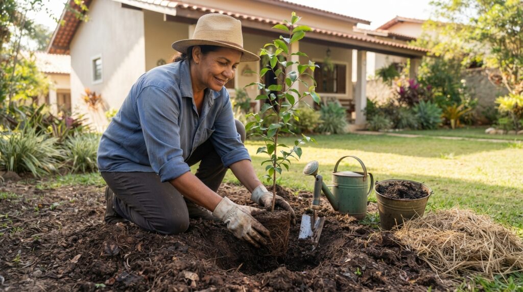 Mulher plantando uma muda de pitangueira em solo preparado com matéria orgânica em um quintal residencial brasileiro.