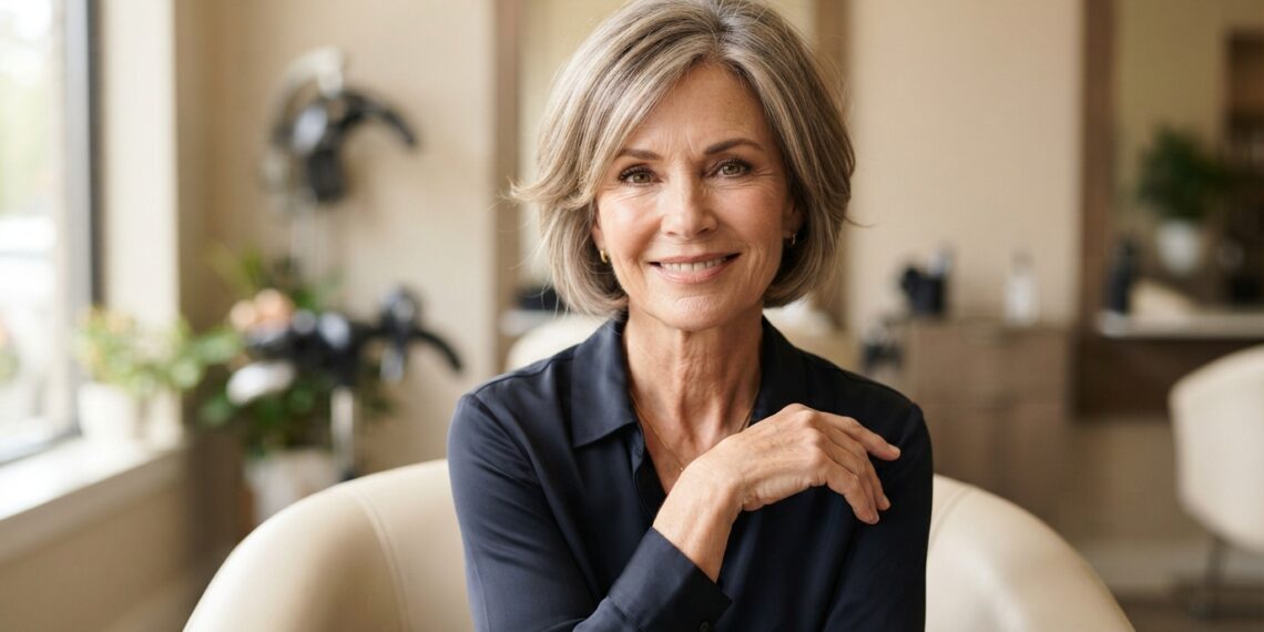 Mulher madura com corte short bob em camadas suaves e volume natural.