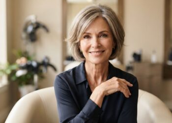 Mulher madura com corte short bob em camadas suaves e volume natural.