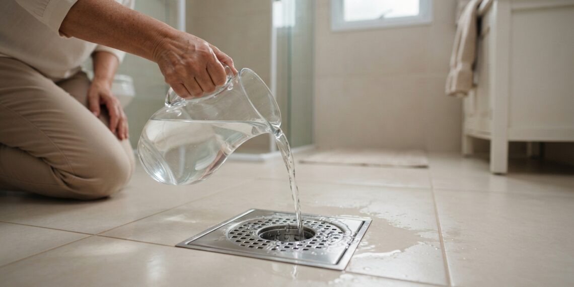 Mulher brasileira despeja água limpa de uma jarra transparente em ralo de aço inoxidável no piso de um banheiro limpo.