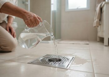 Mulher brasileira despeja água limpa de uma jarra transparente em ralo de aço inoxidável no piso de um banheiro limpo.