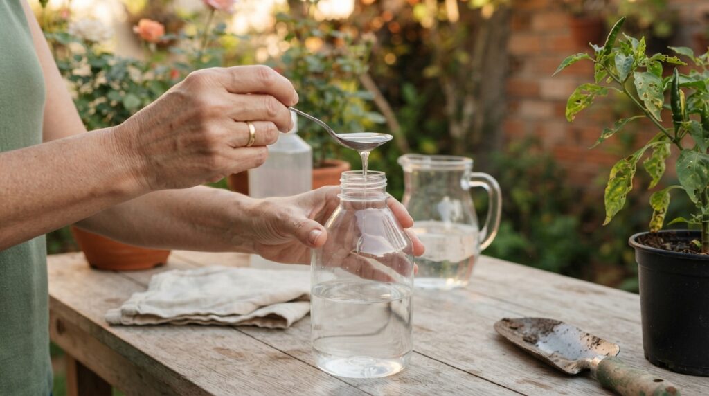 Mulher mede uma pequena quantidade de detergente transparente para ilustrar o preparo de uma solução diluída em um borrifador de jardinagem.