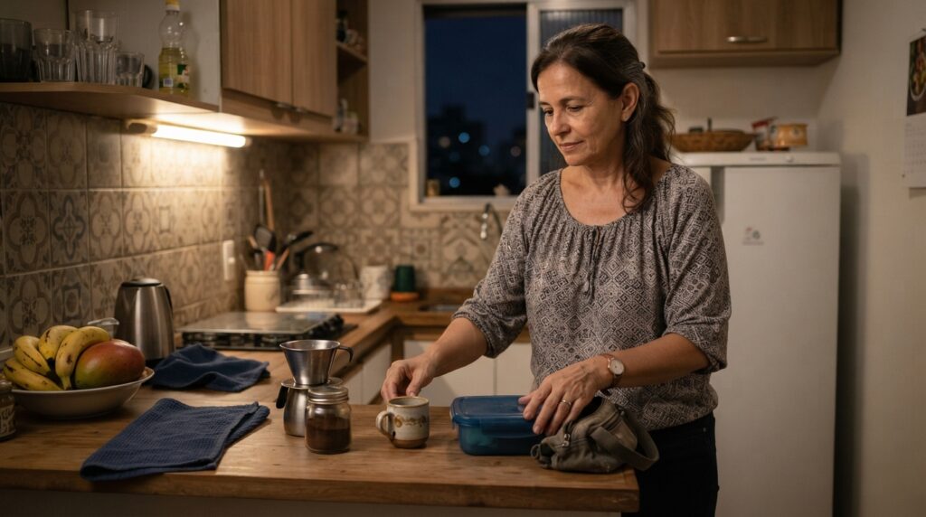 Mulher brasileira de aproximadamente 57 anos organizando uma xícara, utensílios de café e objetos pessoais na cozinha durante a noite.