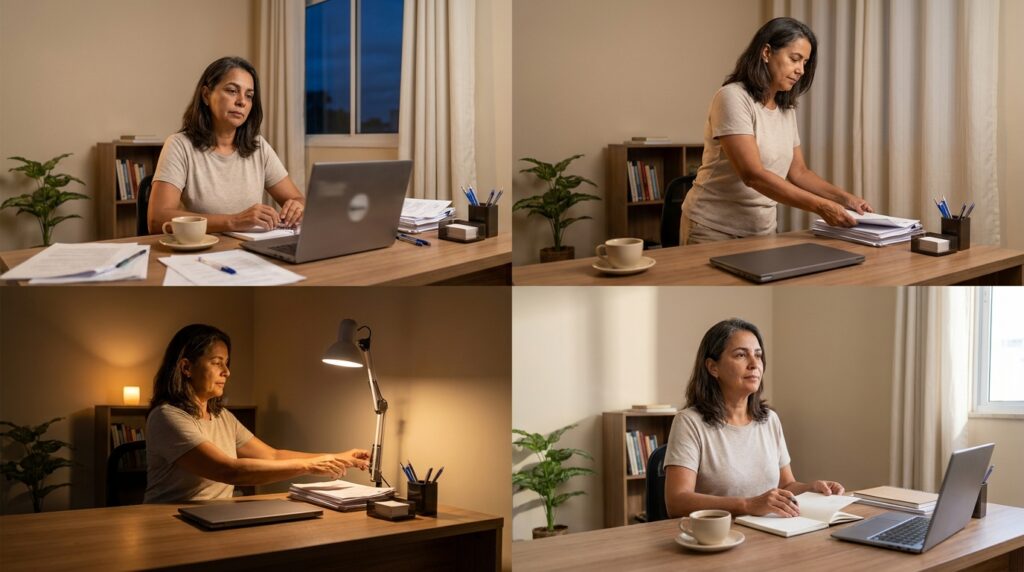 Mulher brasileira madura observa uma mesa de trabalho com papéis e objetos espalhados durante a noite.