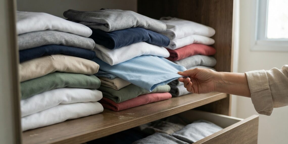 Mão retira uma camiseta do meio de uma pilha de roupas dobradas em um guarda-roupa, fazendo as peças superiores saírem do lugar.
