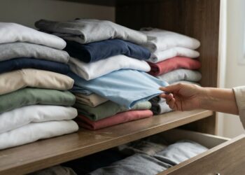 Mão retira uma camiseta do meio de uma pilha de roupas dobradas em um guarda-roupa, fazendo as peças superiores saírem do lugar.