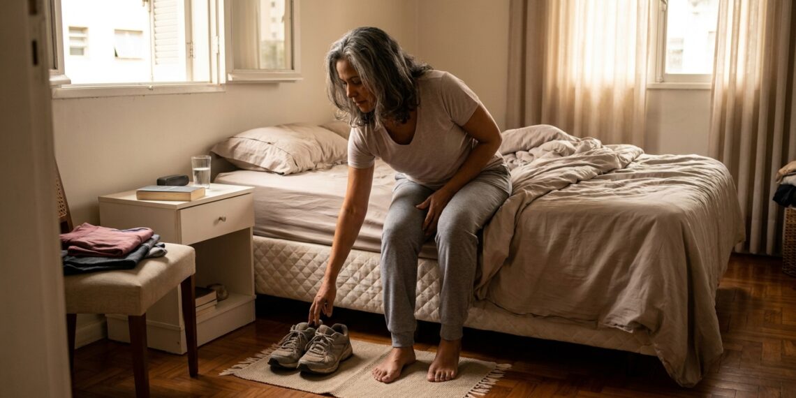Mulher encontra o tênis preparado ao lado da cama ao acordar.