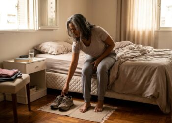 Mulher encontra o tênis preparado ao lado da cama ao acordar.