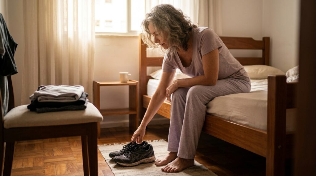 Woman_reaching_for_walking_shoes_20261001180908-1024x572 Deixar o tênis ao lado da cama pode funcionar melhor do que esperar a motivação aparecer; pistas estáveis ajudam a iniciar comportamentos repetidos