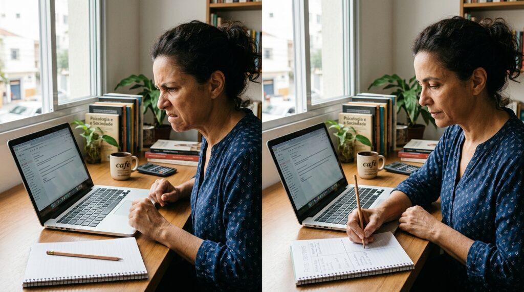 Mulher relembra uma mensagem crítica e separa o fato da interpretação emocional.