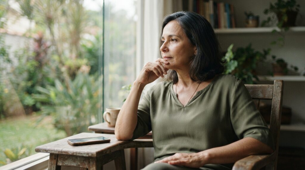 Mulher faz uma pausa e olha pela janela enquanto o celular permanece sobre a mesa, representando um momento de reflexão antes de responder.