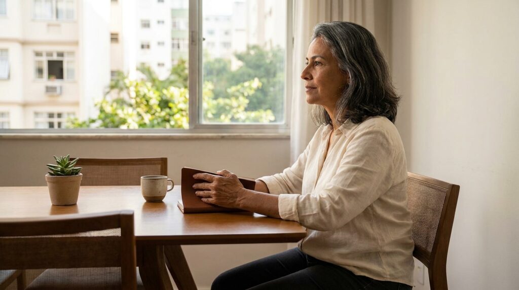 Mulher brasileira de aproximadamente 56 anos observa a luz da manhã enquanto reflete sobre suas prioridades e seu propósito de vida.