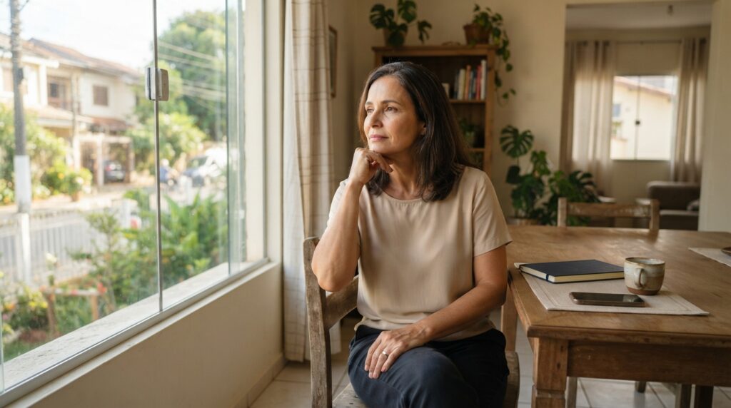 Mulher brasileira madura sentada perto da janela observa a paisagem com expressão reflexiva, diante de um caderno e uma xícara de café.