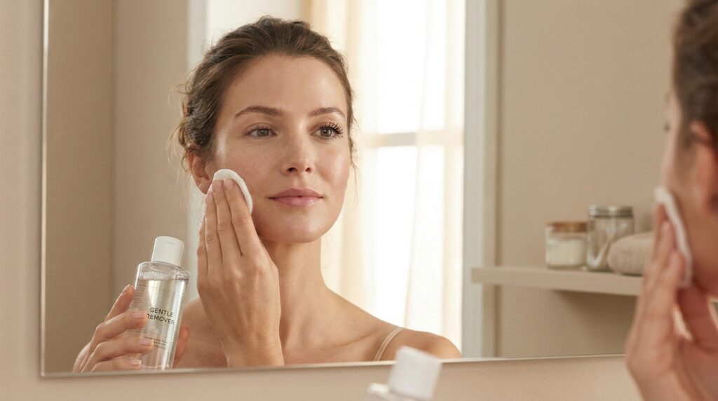 Mulher removendo delicadamente a maquiagem com um algodão durante a rotina de cuidados faciais noturnos.