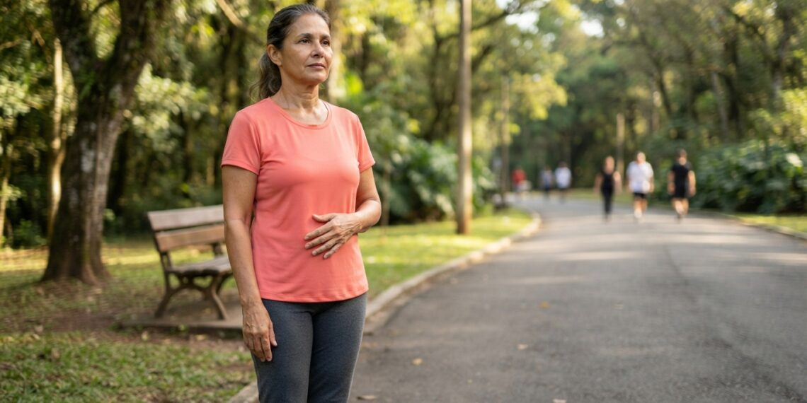 Médica verifica a pressão arterial de mulher brasileira de aproximadamente 58 anos durante consulta em consultório.