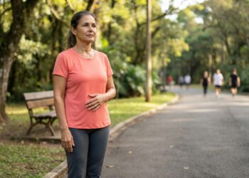 Médica verifica a pressão arterial de mulher brasileira de aproximadamente 58 anos durante consulta em consultório.