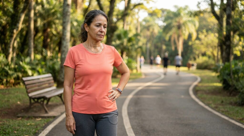 Mulher brasileira de aproximadamente 61 anos faz uma pausa durante a caminhada em parque, observando a própria respiração.