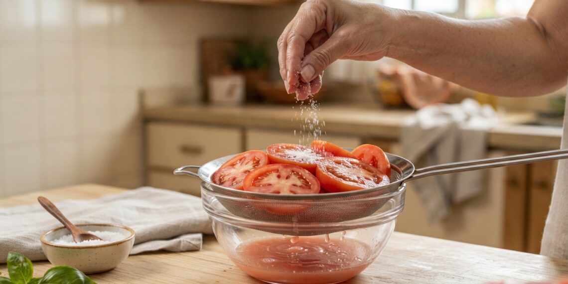 Mão de uma mulher polvilha sal sobre fatias de tomate italiano em uma peneira, enquanto pequenas quantidades de suco se acumulam na tigela inferior.