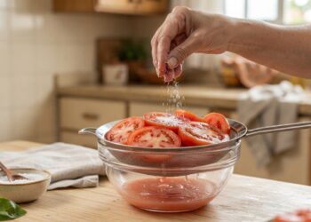 Mão de uma mulher polvilha sal sobre fatias de tomate italiano em uma peneira, enquanto pequenas quantidades de suco se acumulam na tigela inferior.