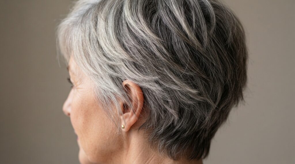 Detalhe das camadas e da textura de um corte bixie em cabelo grisalho.