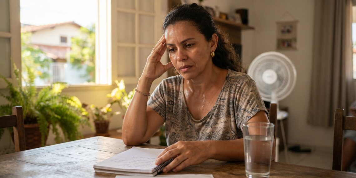 Mulher de aproximadamente 50 anos tenta se concentrar em uma mesa durante uma tarde quente, com um copo de água próximo.