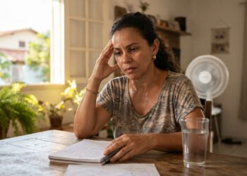 Mulher de aproximadamente 50 anos tenta se concentrar em uma mesa durante uma tarde quente, com um copo de água próximo.