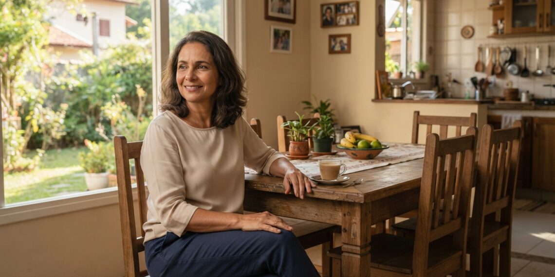 Mulher brasileira madura sentada em uma cadeira próxima à janela, com outros lugares vazios ao redor da mesa de jantar.