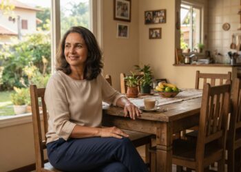 Mulher brasileira madura sentada em uma cadeira próxima à janela, com outros lugares vazios ao redor da mesa de jantar.