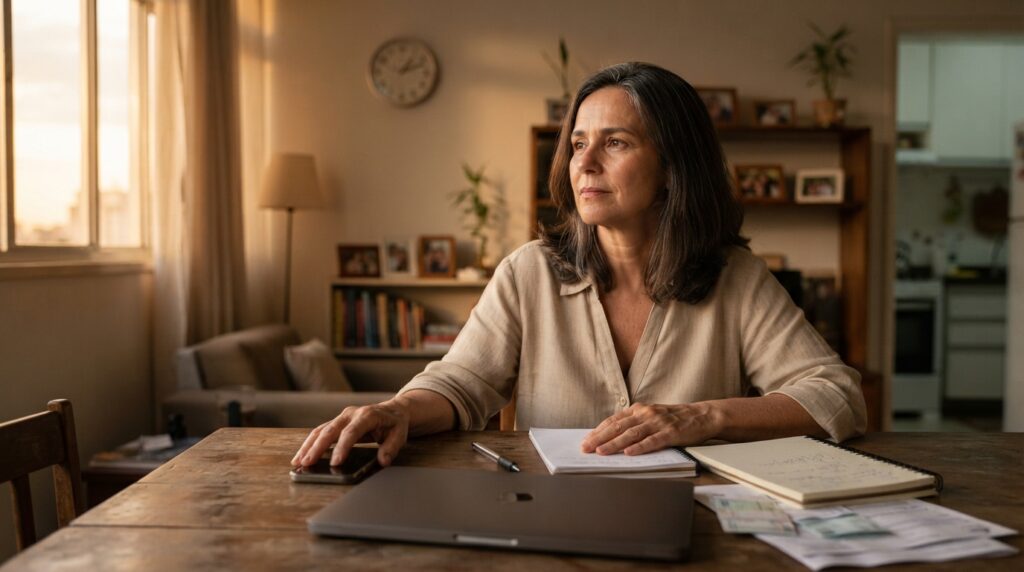 Mulher brasileira de meia-idade sentada à mesa de casa, refletindo sobre o dia enquanto um relógio aparece ao fundo.