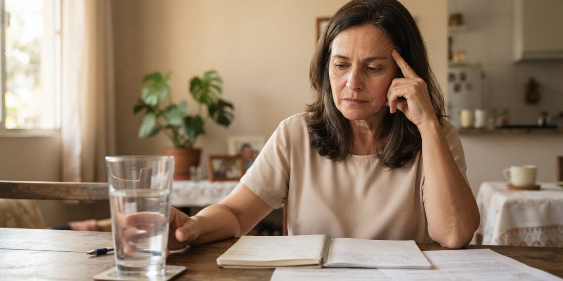 Mulher brasileira de aproximadamente 56 anos com expressão de cansaço mental, sentada à mesa com um caderno e um copo de água.