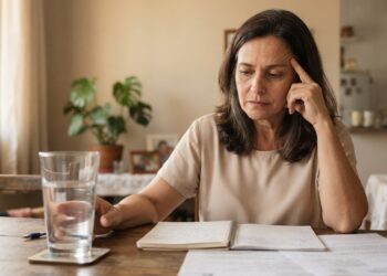 Mulher brasileira de aproximadamente 56 anos com expressão de cansaço mental, sentada à mesa com um caderno e um copo de água.