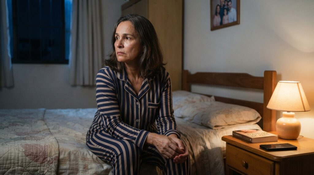 Mulher brasileira de aproximadamente 56 anos sentada na cama durante a noite, olhando pensativamente para a janela enquanto enfrenta preocupações sobre o futuro.