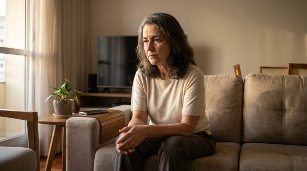 Mulher brasileira de aproximadamente 57 anos sentada sozinha em uma sala silenciosa, olhando pensativamente para o ambiente.