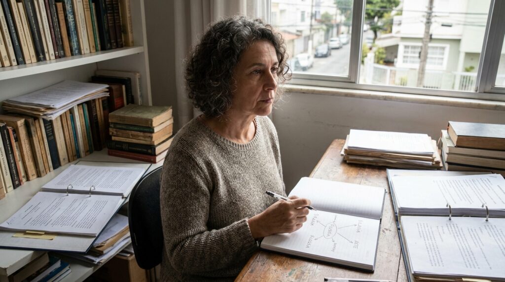 Mulher transforma informações estudadas em uma nova ideia desenhada no papel.
