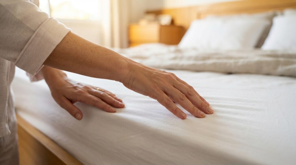 Woman_smoothing_white_bedsheet_20261008155231-1024x572 Arrumar a cama logo depois de acordar pode trazer uma sensação de tarefa concluída e ajudar a começar o dia com mais ordem diante de uma rotina imprevisível