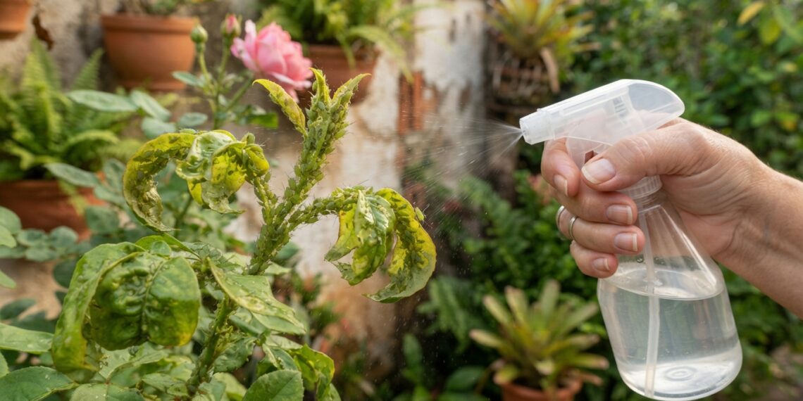 Mão de uma mulher borrifa uma solução diluída sobre folhas de roseira com pulgões verdes agrupados nos brotos.