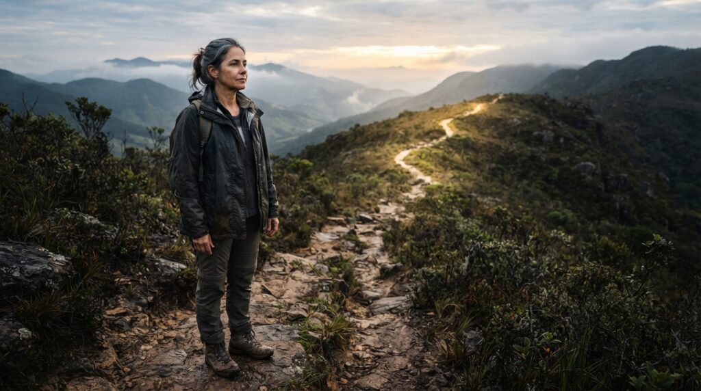Mulher de aproximadamente 50 anos contempla uma trilha entre montanhas ao amanhecer, representando a busca por direção e sentido na vida.