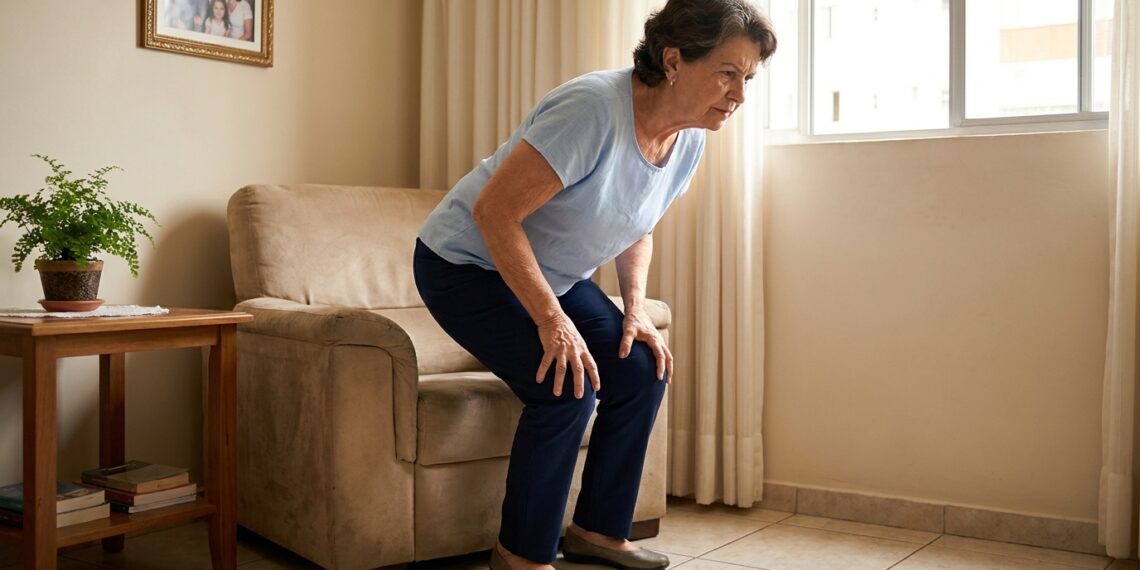 Mulher brasileira de aproximadamente 68 anos apoia as mãos nos joelhos enquanto faz esforço para levantar de uma poltrona em casa.