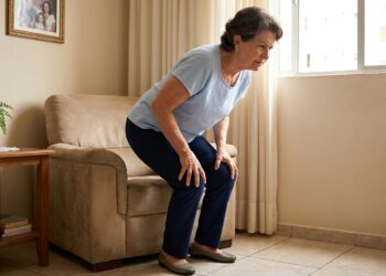Mulher brasileira de aproximadamente 68 anos apoia as mãos nos joelhos enquanto faz esforço para levantar de uma poltrona em casa.