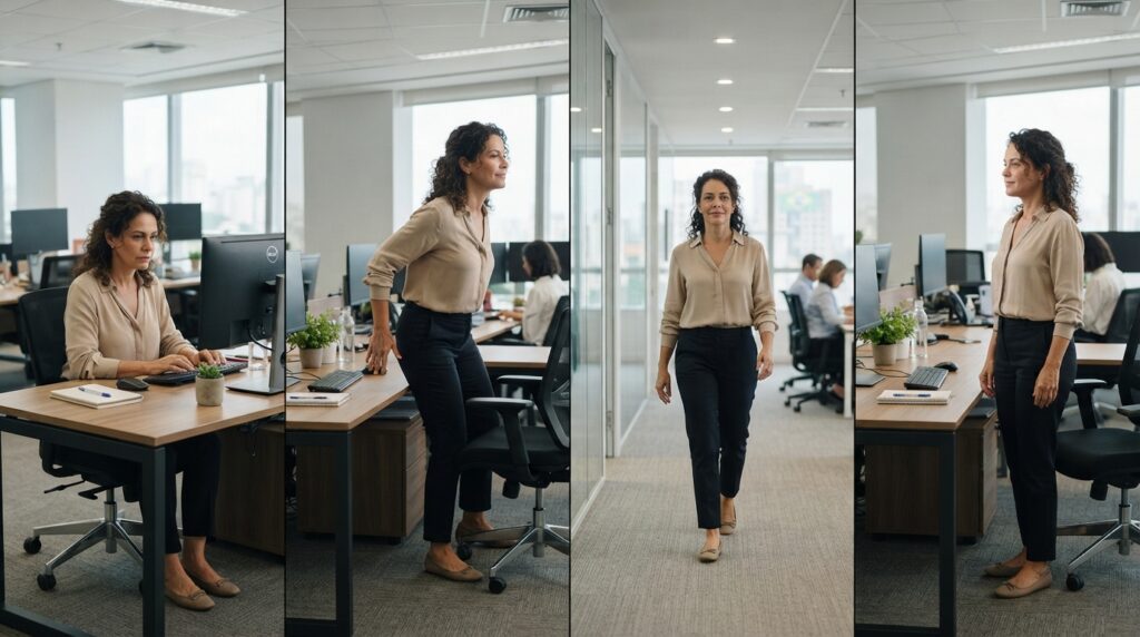 Quatro cenas mostram uma mulher trabalhando sentada, levantando da cadeira, caminhando pelo escritório e retornando à mesa.