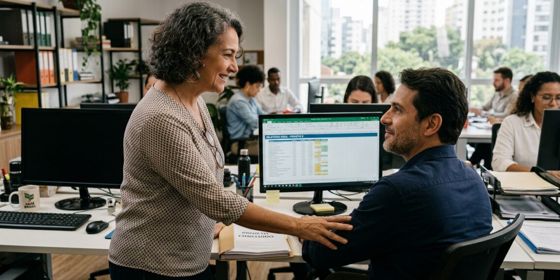 Mulher agradece colega após receber ajuda em uma tarefa no trabalho.
