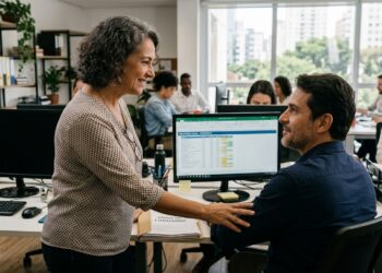 Mulher agradece colega após receber ajuda em uma tarefa no trabalho.