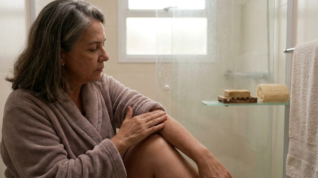 Mulher com mais de 50 anos observa ressecamento na pele após o banho.