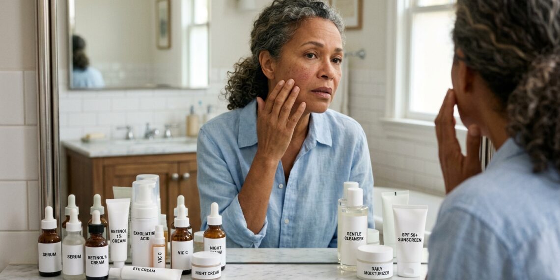 Mulher com mais de 50 anos observa vermelhidão no rosto diante de vários produtos anti-idade.