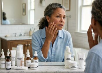 Mulher com mais de 50 anos observa vermelhidão no rosto diante de vários produtos anti-idade.