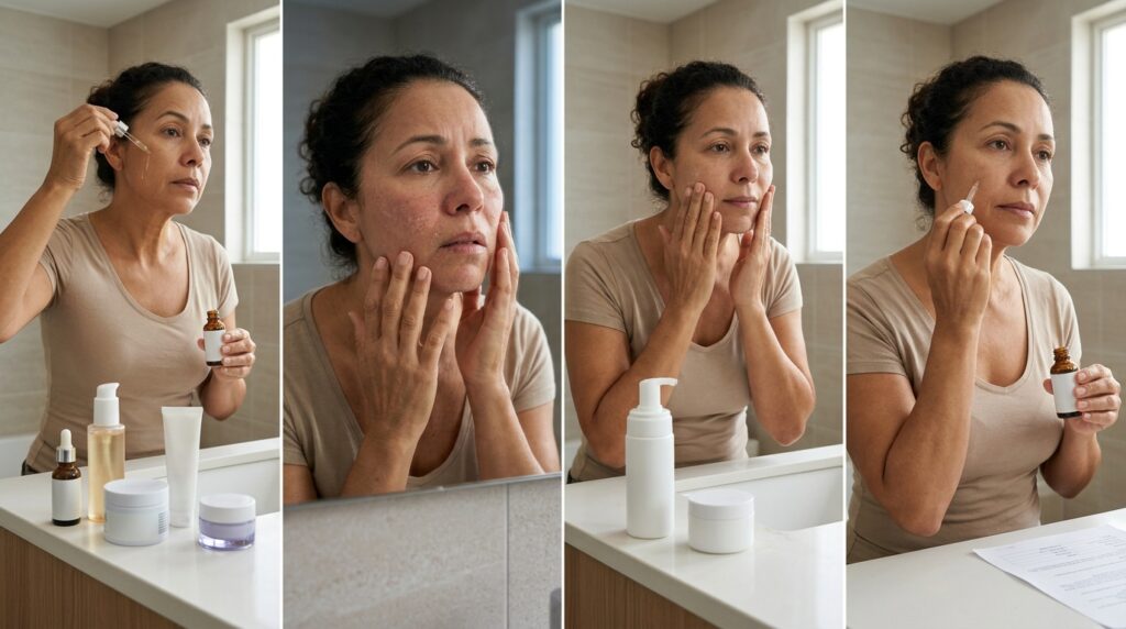 Mulher madura usa uma rotina simples com limpeza suave, hidratante e protetor solar.