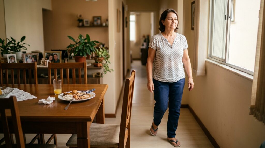 Mulher com mais de 50 anos levanta da cadeira e faz uma pequena caminhada após a refeição.