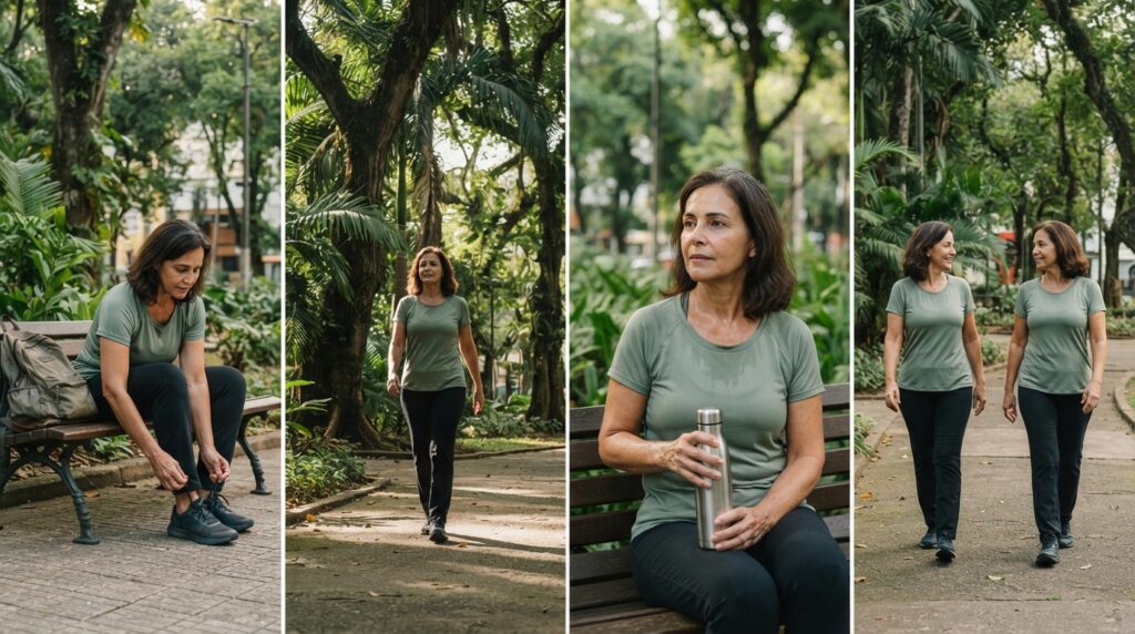 Quatro cenas mostram uma mulher brasileira acima dos 50 anos preparando-se para caminhar, percorrendo uma praça, descansando e caminhando acompanhada.