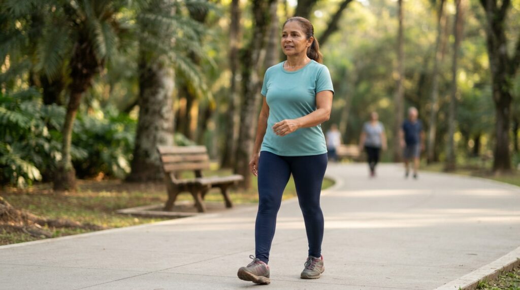 Mulher brasileira de aproximadamente 61 anos faz uma pausa durante a caminhada em parque, observando a própria respiração.
