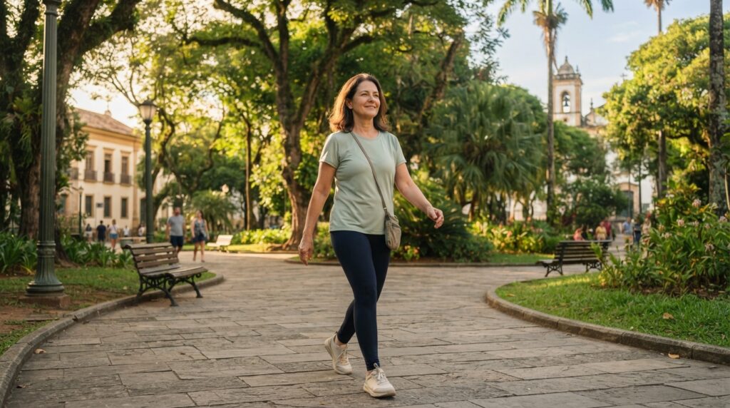Mulher brasileira de aproximadamente 57 anos caminha tranquilamente por uma praça arborizada, iluminada pelo sol da manhã.